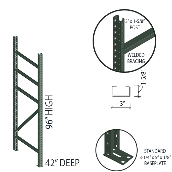 Un Arco Racking UPR 3X1-5/8 POST - 42D X96H - UNARCO QuickShip Pallet Rack